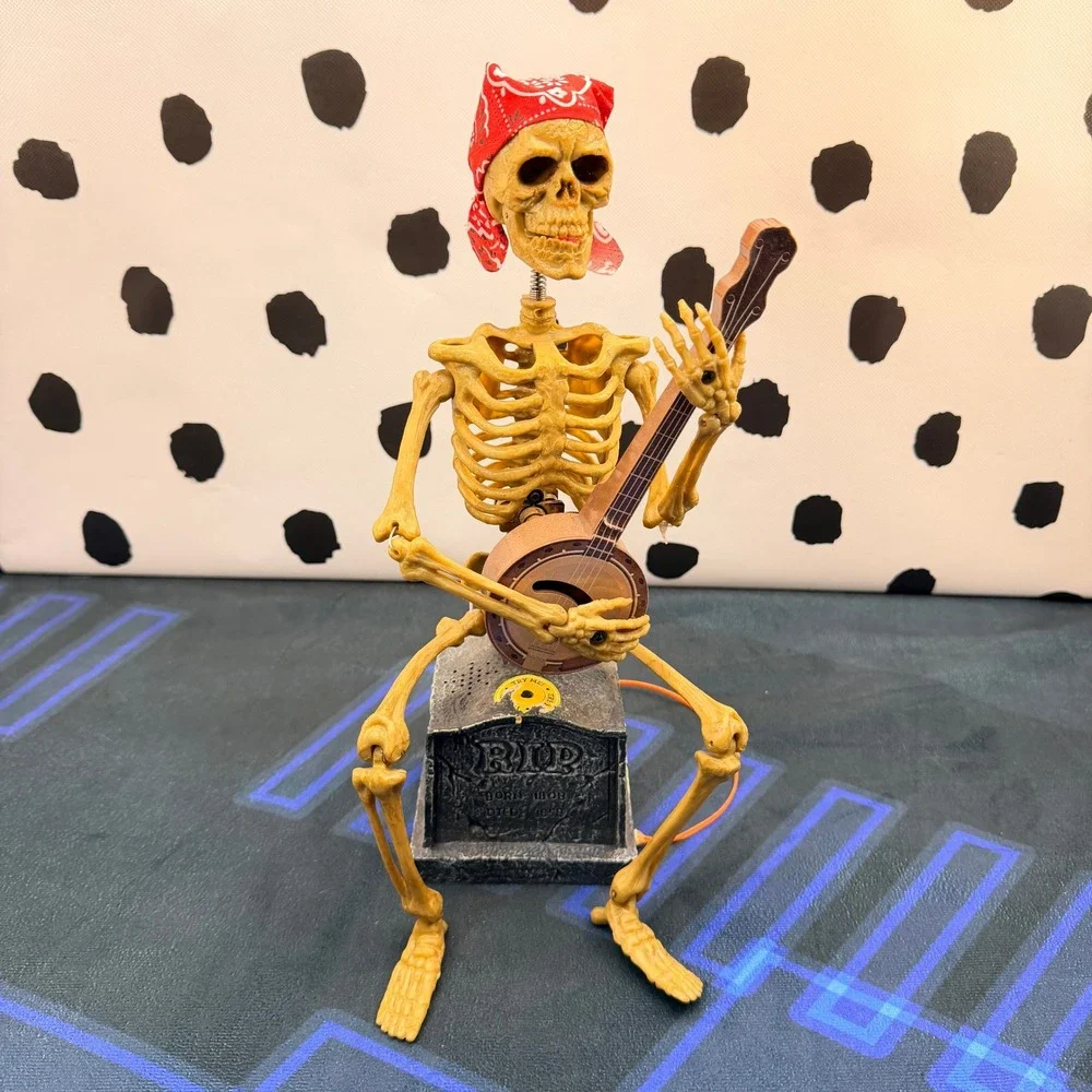 Magic Power Co Banjo Skeleton Halloween Decor Tan Animated Tombstone Prop 12